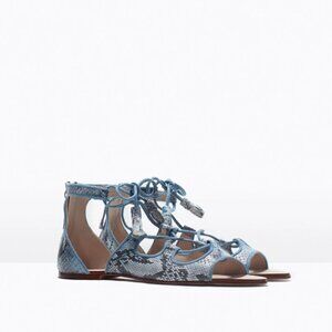 ZARA Lace Up Ankle Sandals Blue Python